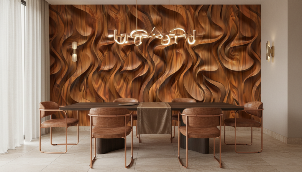 Papier Peint 3D Ondulations Bois Sculptural Effet Relief Cuivré - Salle à manger