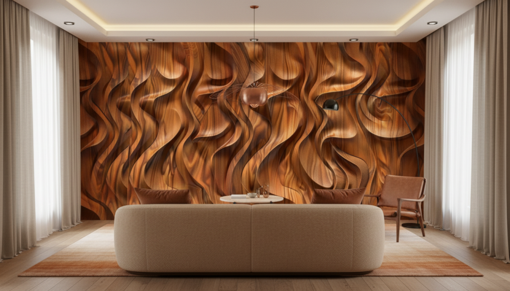 Papier Peint 3D Ondulations Bois Sculptural Effet Relief Cuivré - Salon / Séjour