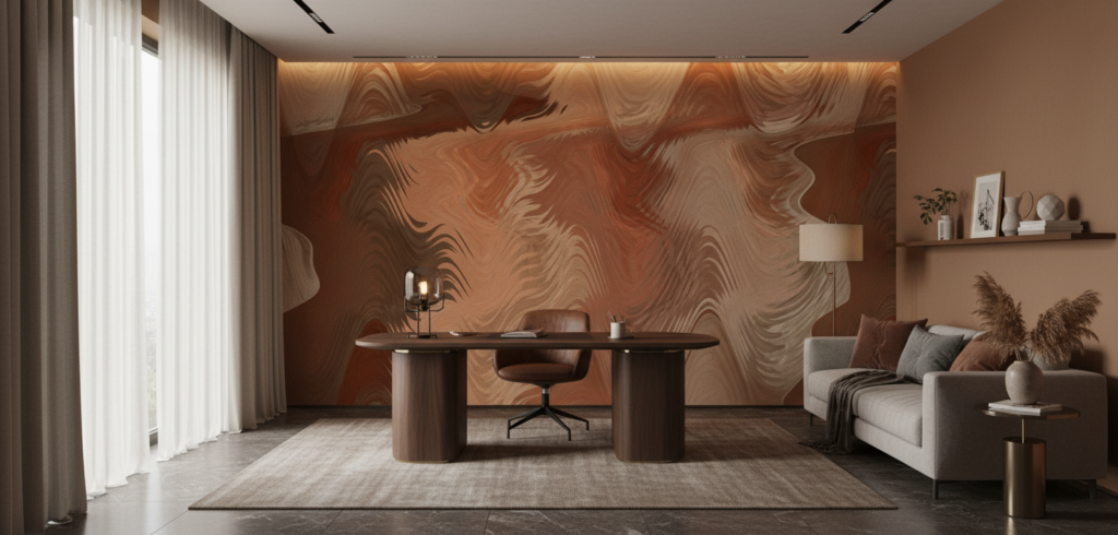 Papier Peint Abstract Fluide aux Tons Cuivrés et Dorés - Bureau