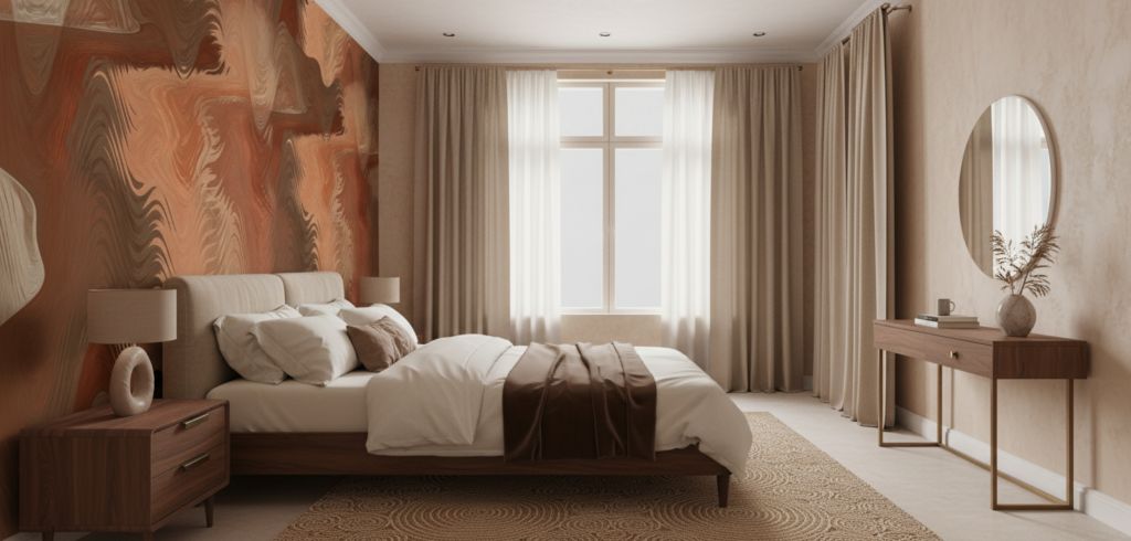 Papier Peint Abstract Fluide aux Tons Cuivrés et Dorés - Chambre adulte