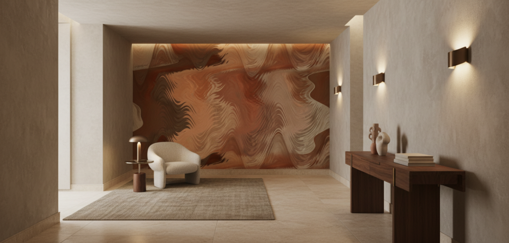 Papier Peint Abstract Fluide aux Tons Cuivrés et Dorés - Couloir