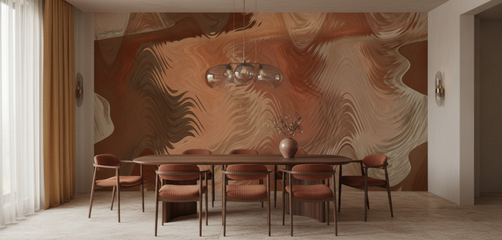 Papier Peint Abstract Fluide aux Tons Cuivrés et Dorés - Salle à manger