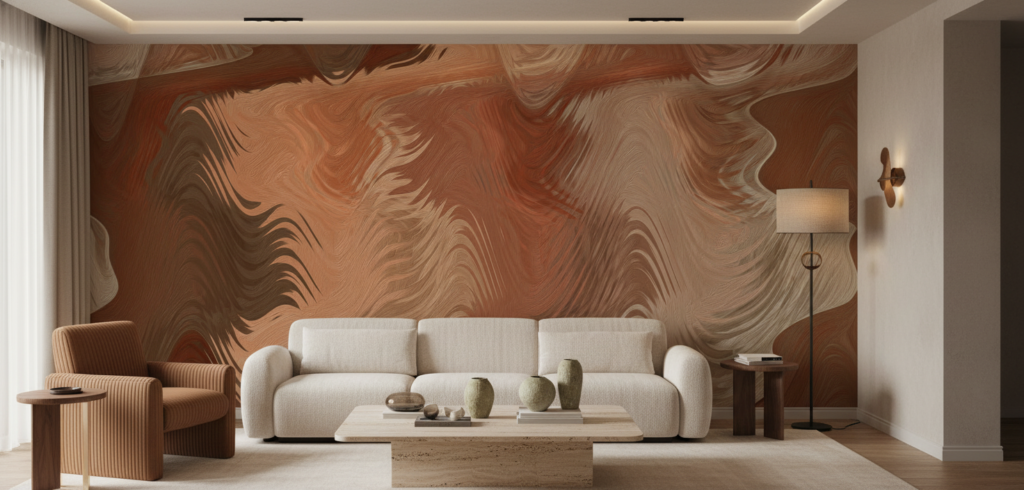 Papier Peint Abstract Fluide aux Tons Cuivrés et Dorés - Salon / Séjour