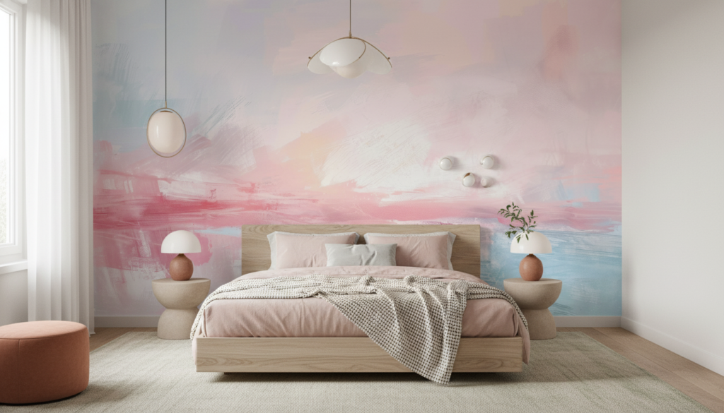 Papier peint abstrait aquarelle douce tons pastel rose bleu - Chambre adulte