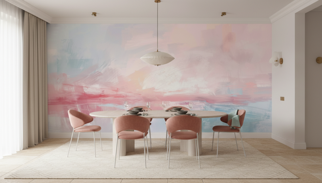 Papier peint abstrait aquarelle douce tons pastel rose bleu - Salle à manger