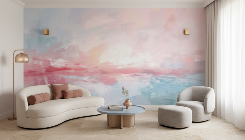 Papier peint abstrait aquarelle douce tons pastel rose bleu - Salon / Séjour