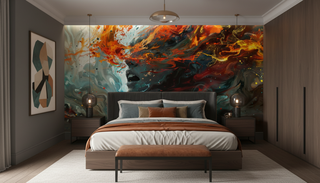 Papier peint abstrait aux couleurs flamboyantes et textures fluides modernes - Chambre adulte