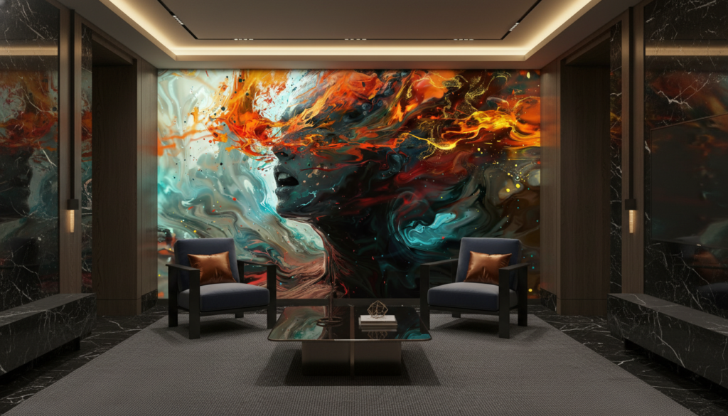 Papier peint abstrait aux couleurs flamboyantes et textures fluides modernes - Hôtel