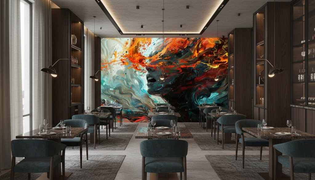 Papier peint abstrait aux couleurs flamboyantes et textures fluides modernes - Restaurant