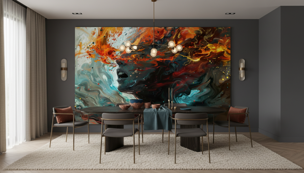 Papier peint abstrait aux couleurs flamboyantes et textures fluides modernes - Salle à manger