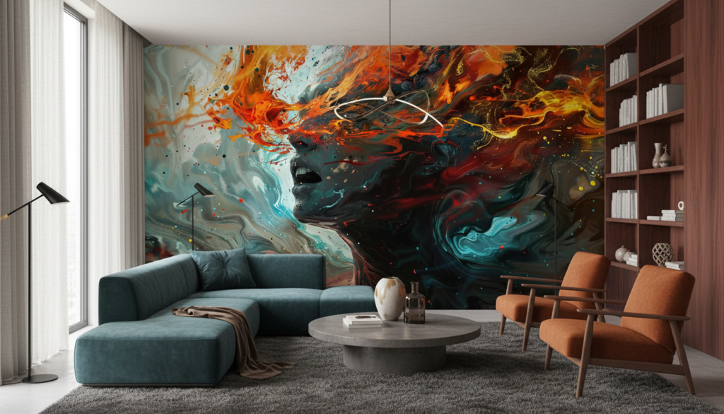 Papier peint abstrait aux couleurs flamboyantes et textures fluides modernes - Salon / Séjour