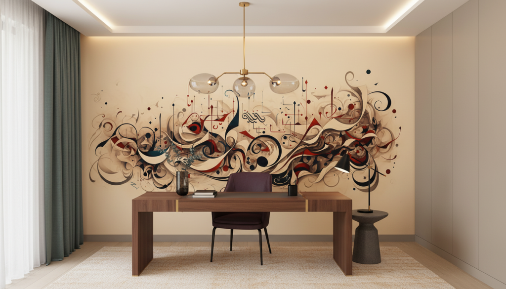 Papier peint abstrait aux volutes ornementales beiges et bordeaux - Bureau