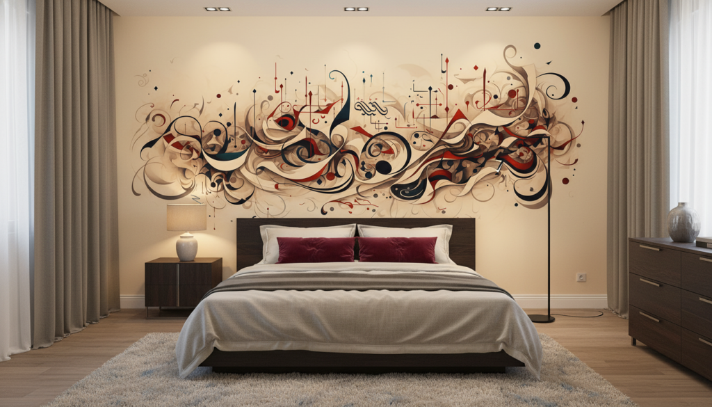 Papier peint abstrait aux volutes ornementales beiges et bordeaux - Chambre adulte