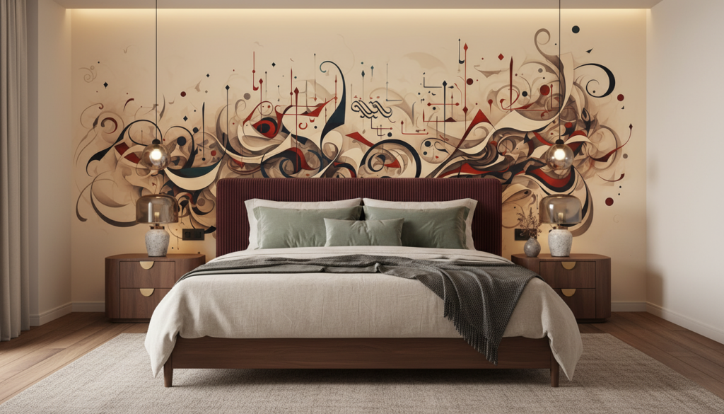 Papier peint abstrait aux volutes ornementales beiges et bordeaux - Chambre adulte