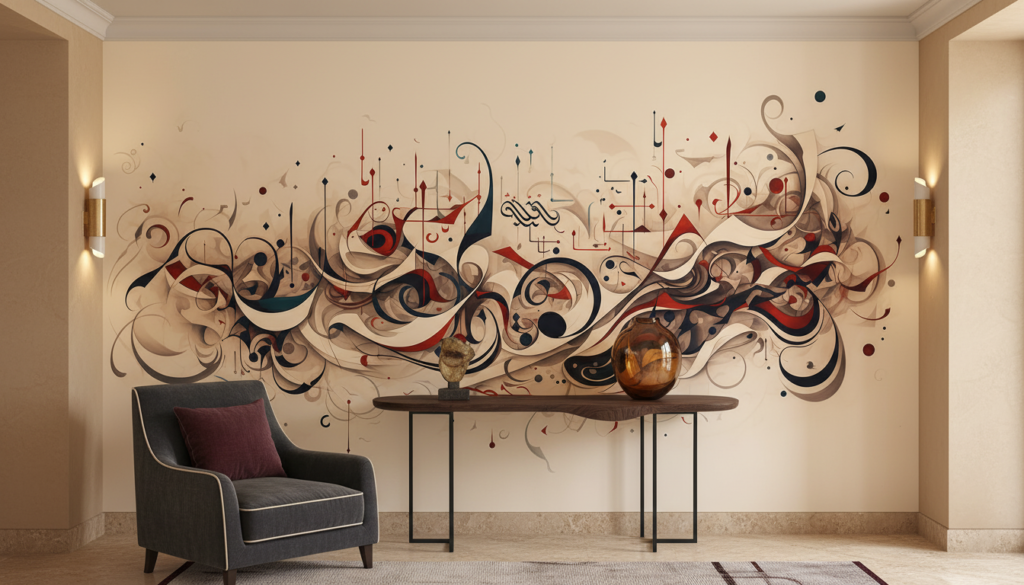 Papier peint abstrait aux volutes ornementales beiges et bordeaux - Entrée