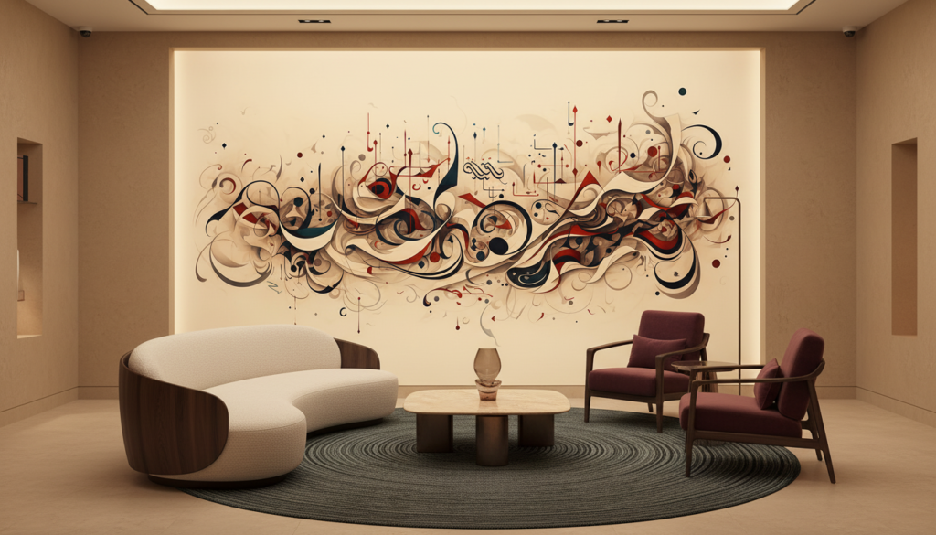 Papier peint abstrait aux volutes ornementales beiges et bordeaux - Hôtel