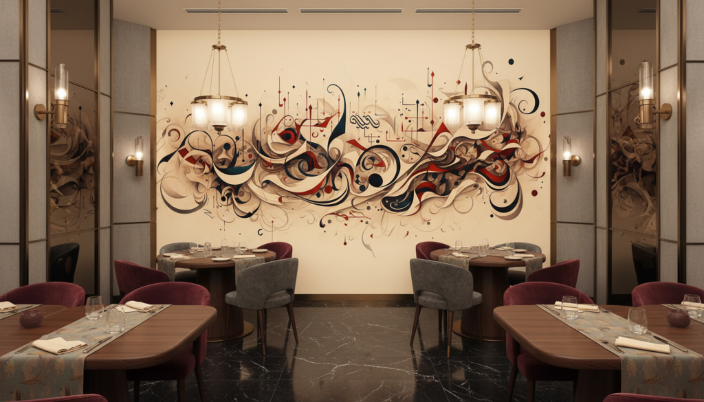 Papier peint abstrait aux volutes ornementales beiges et bordeaux - Restaurant