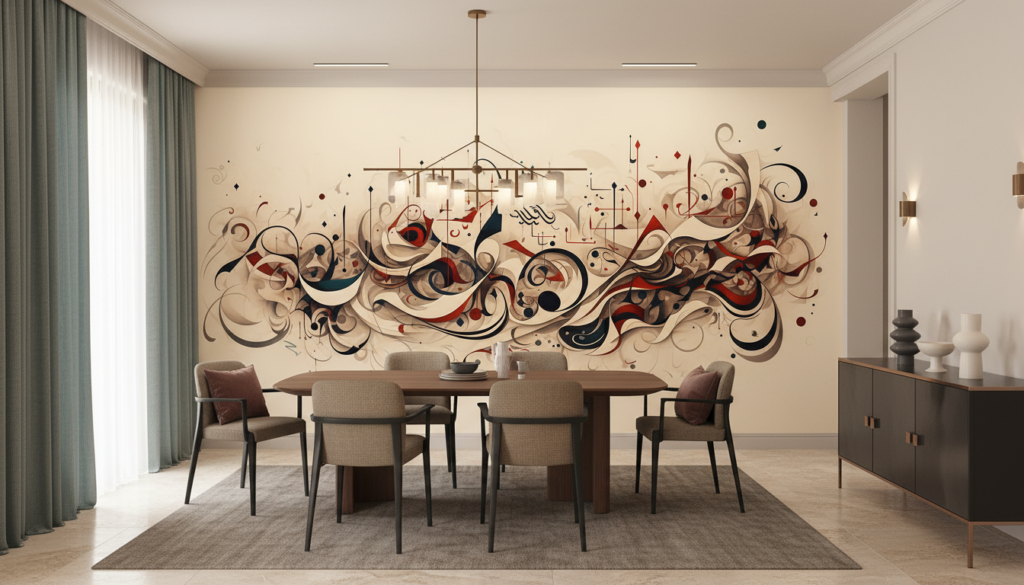 Papier peint abstrait aux volutes ornementales beiges et bordeaux - Salle à manger