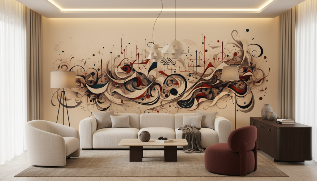 Papier peint abstrait aux volutes ornementales beiges et bordeaux - Salon / Séjour