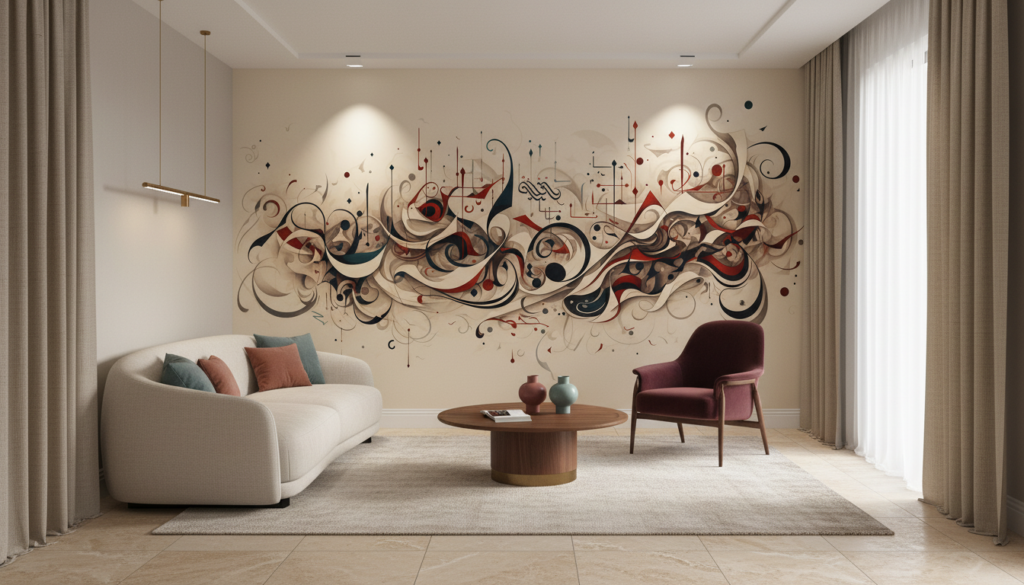 Papier peint abstrait aux volutes ornementales beiges et bordeaux - Salon / Séjour