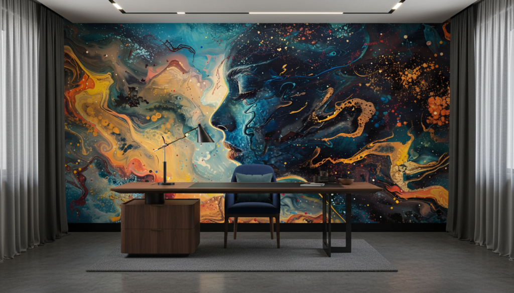 Papier Peint Abstrait Cosmos Fluide Bleu Orange Galaxie Moderne - Bureau