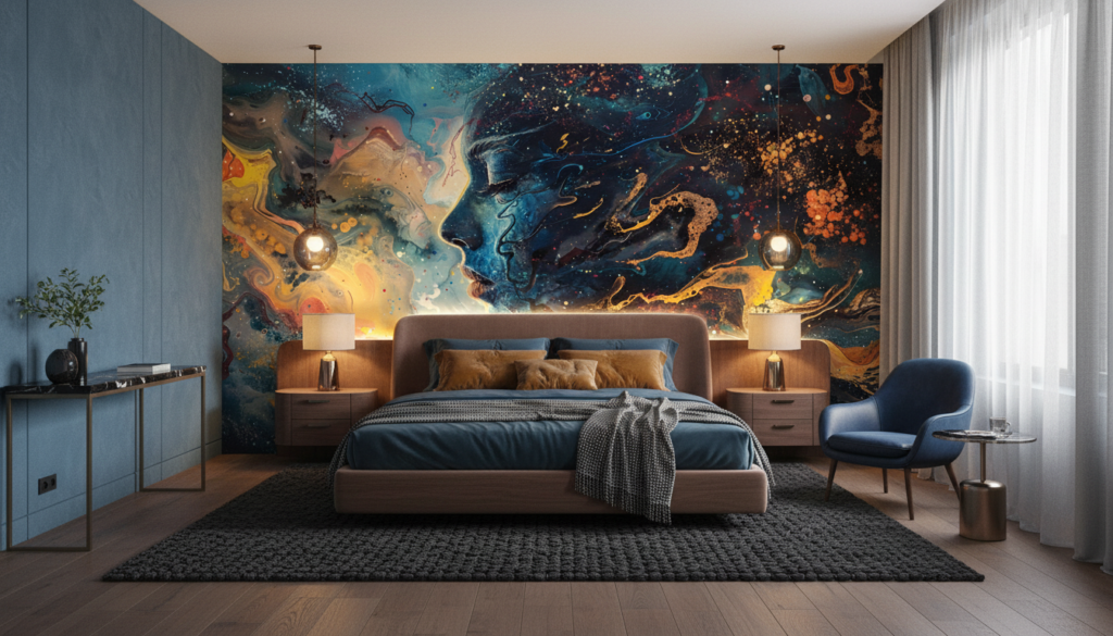 Papier Peint Abstrait Cosmos Fluide Bleu Orange Galaxie Moderne - Chambre adulte