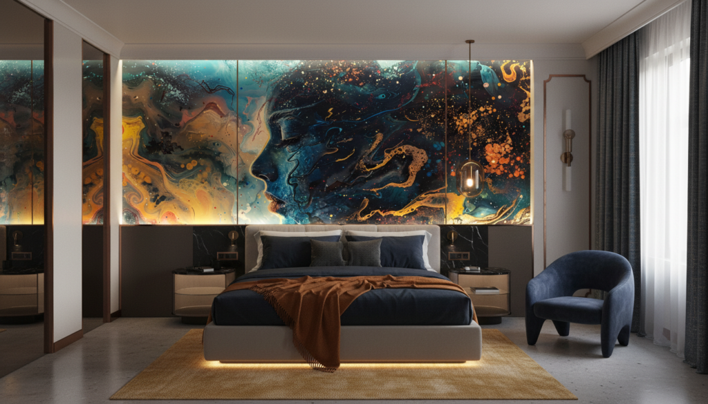 Papier Peint Abstrait Cosmos Fluide Bleu Orange Galaxie Moderne - Hôtel