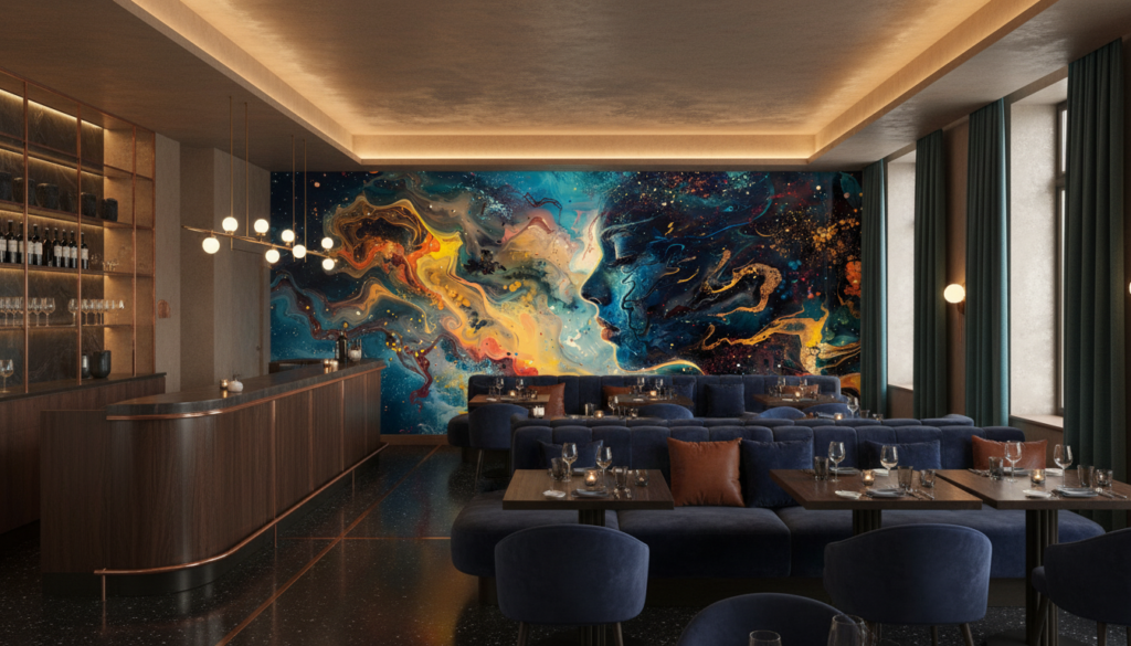Papier Peint Abstrait Cosmos Fluide Bleu Orange Galaxie Moderne - Restaurant