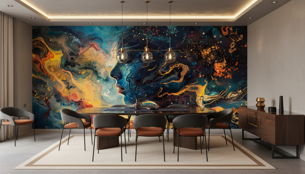 Papier Peint Abstrait Cosmos Fluide Bleu Orange Galaxie Moderne - Salle à manger