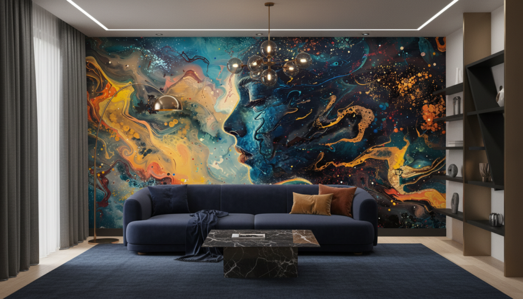 Papier Peint Abstrait Cosmos Fluide Bleu Orange Galaxie Moderne - Salon / Séjour