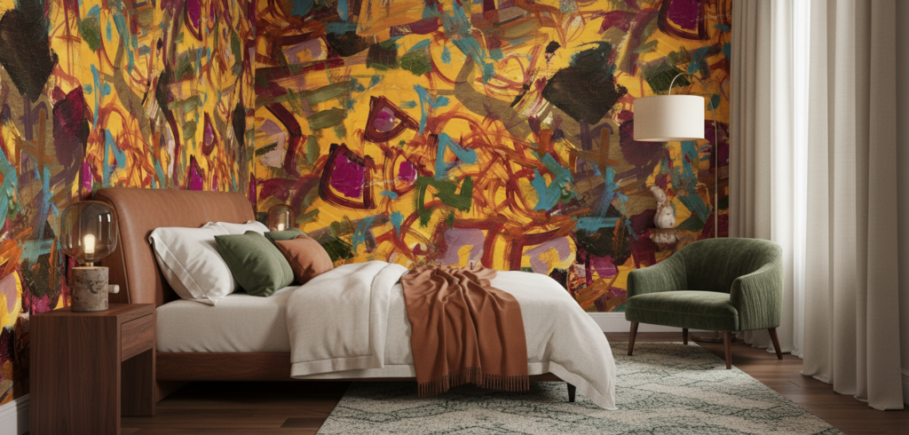 Papier peint abstrait expressionniste aux couleurs vibrantes et contrastées - Chambre adulte