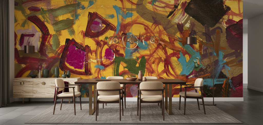 Papier peint abstrait expressionniste aux couleurs vibrantes et contrastées - Salle à manger