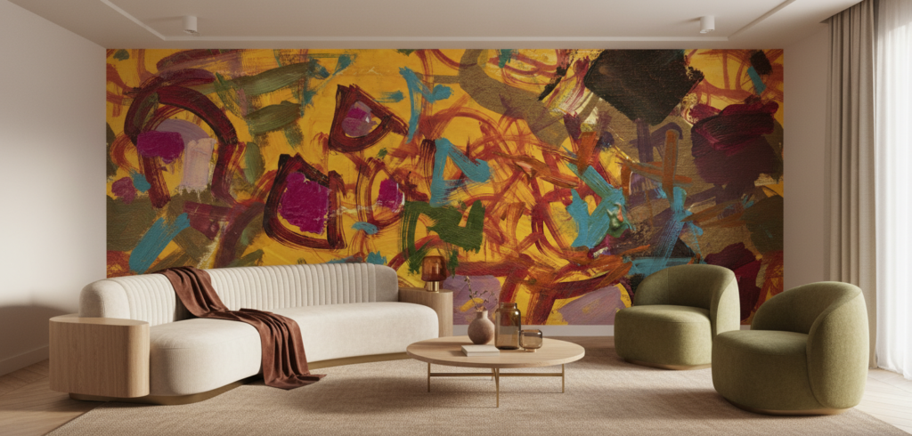 Papier peint abstrait expressionniste aux couleurs vibrantes et contrastées - Salon / Séjour