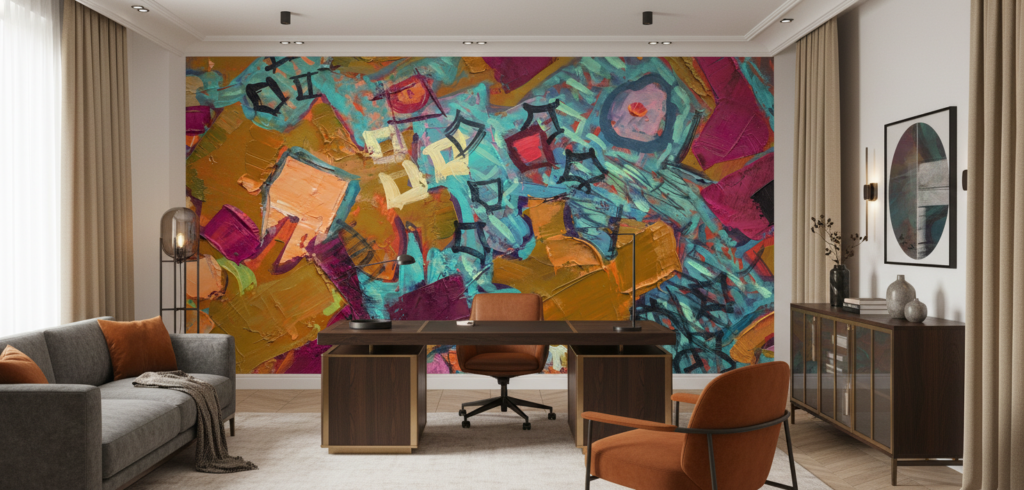 Papier peint abstrait expressionniste aux couleurs vibrantes et textures épaisses - Bureau