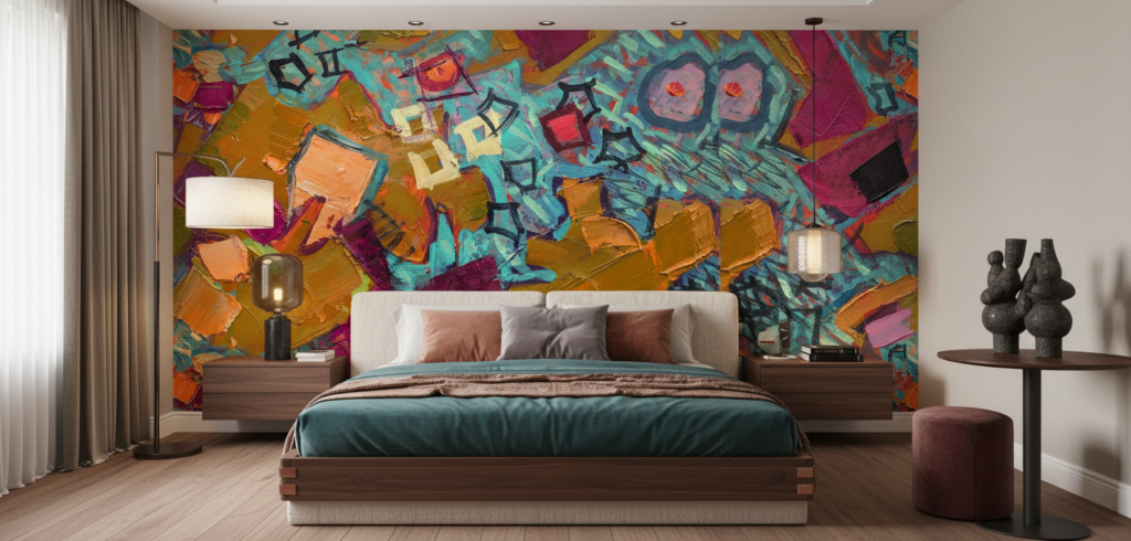 Papier peint abstrait expressionniste aux couleurs vibrantes et textures épaisses - Chambre adulte