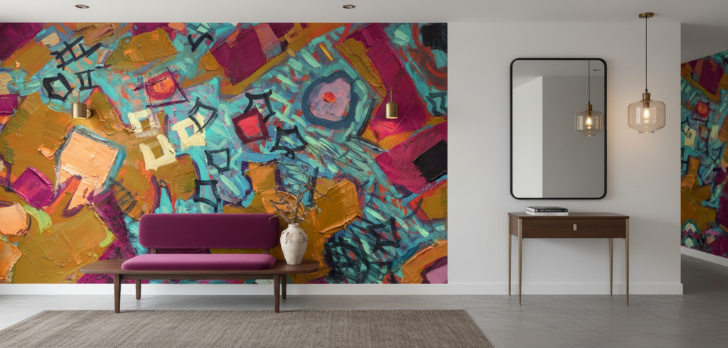 Papier peint abstrait expressionniste aux couleurs vibrantes et textures épaisses - Entrée