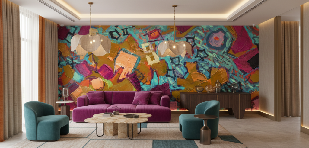 Papier peint abstrait expressionniste aux couleurs vibrantes et textures épaisses - Hôtel