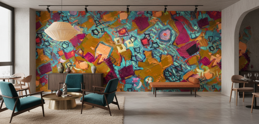 Papier peint abstrait expressionniste aux couleurs vibrantes et textures épaisses - Restaurant