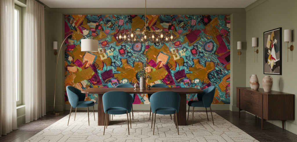 Papier peint abstrait expressionniste aux couleurs vibrantes et textures épaisses - Salle à manger