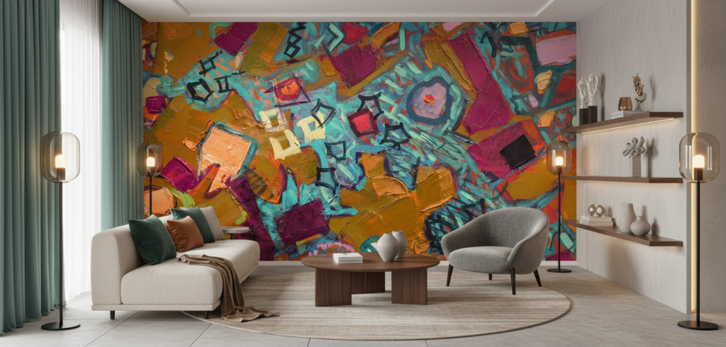 Papier peint abstrait expressionniste aux couleurs vibrantes et textures épaisses - Salon / Séjour