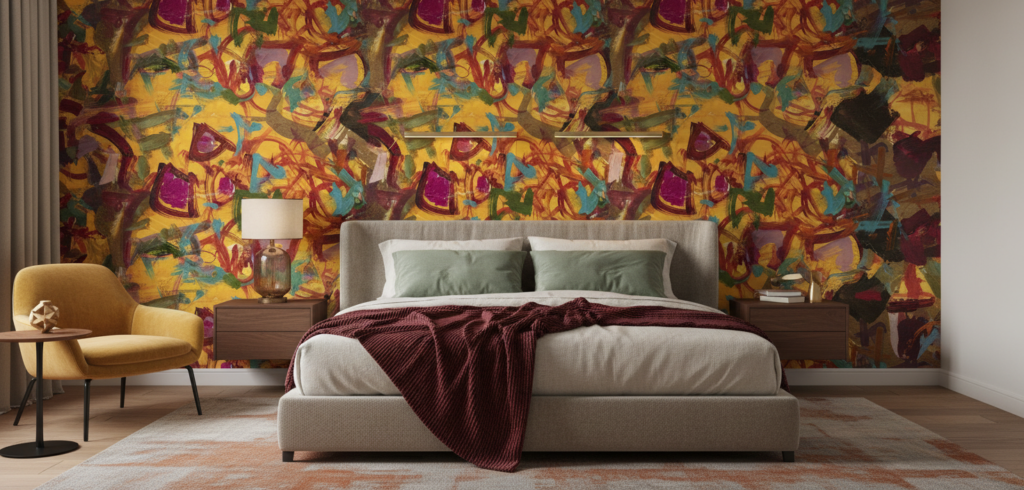 Papier peint abstrait expressionniste aux tons chauds et vibrants - Chambre adulte