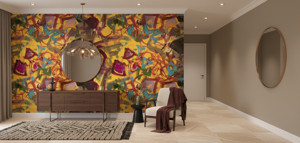 Papier peint abstrait expressionniste aux tons chauds et vibrants - Entrée