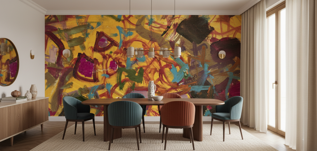 Papier peint abstrait expressionniste aux tons chauds et vibrants - Salle à manger