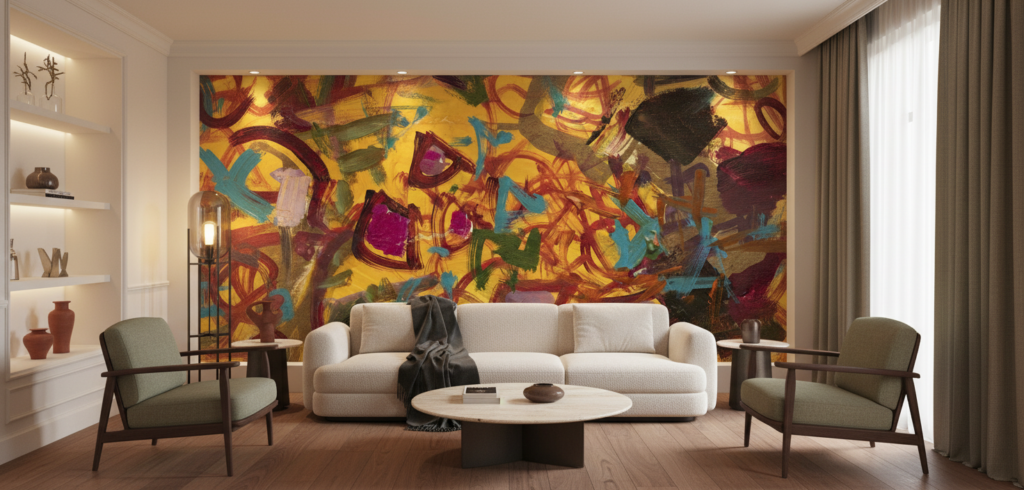 Papier peint abstrait expressionniste aux tons chauds et vibrants - Salon / Séjour