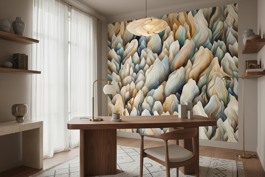 Papier Peint Abstrait Flammes Organiques Tons Naturels Beiges Bleus - Bureau