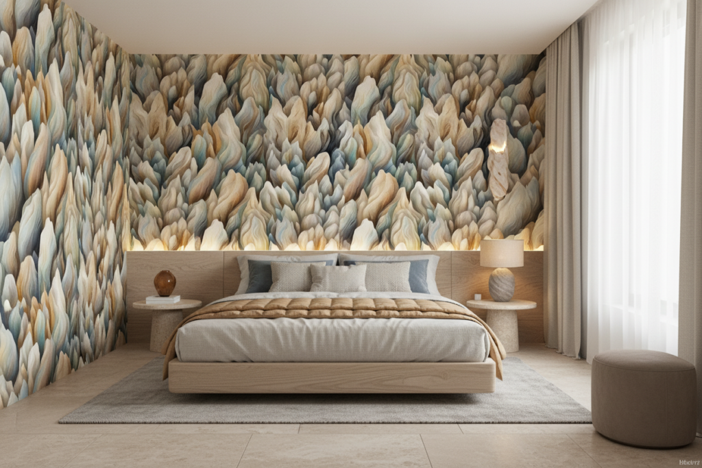 Papier Peint Abstrait Flammes Organiques Tons Naturels Beiges Bleus - Chambre adulte