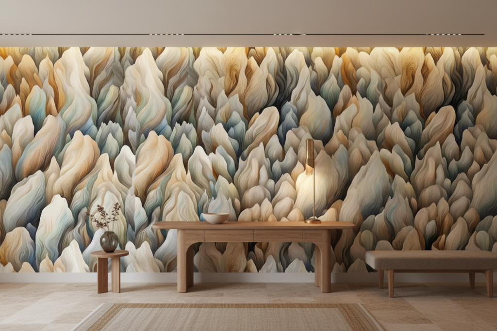 Papier Peint Abstrait Flammes Organiques Tons Naturels Beiges Bleus - Entrée