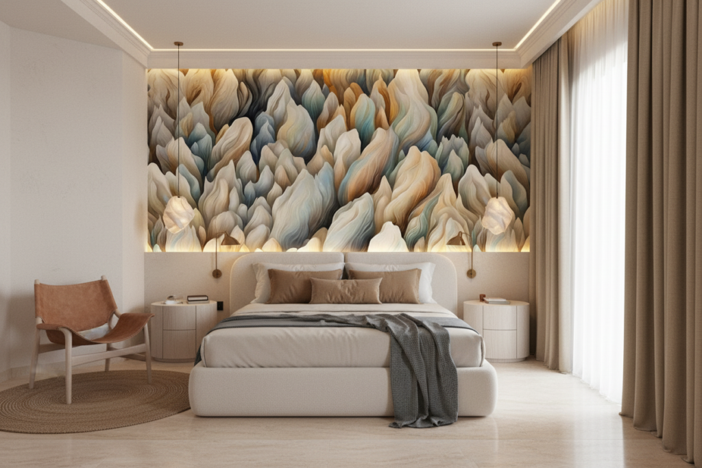 Papier Peint Abstrait Flammes Organiques Tons Naturels Beiges Bleus - Hôtel