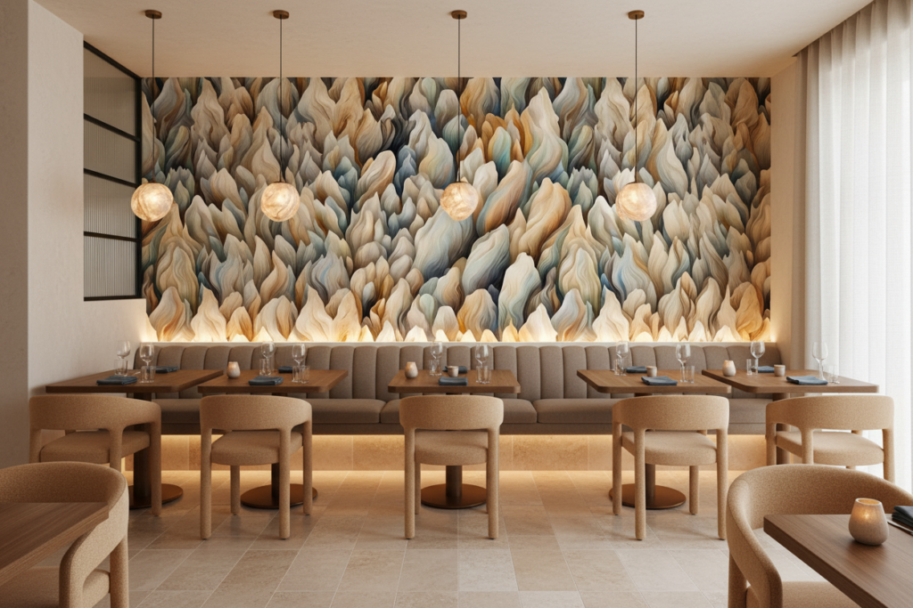 Papier Peint Abstrait Flammes Organiques Tons Naturels Beiges Bleus - Restaurant