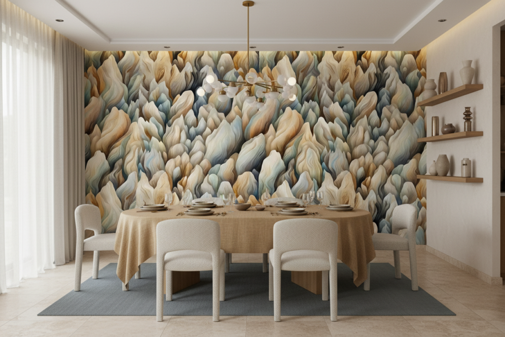 Papier Peint Abstrait Flammes Organiques Tons Naturels Beiges Bleus - Salle à manger